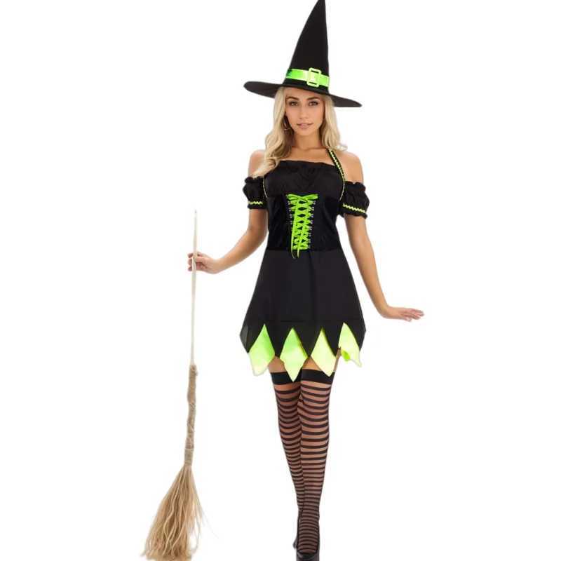 Women Witch Costume Holly Dark Witch Costume With Black and Green Dress and Hat For Halloween And Party L250918