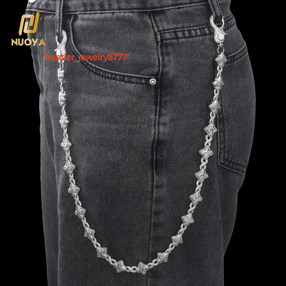 NUOYA Luxury Silver Plated Cuban Pants Chain Iced Out Flower Cross Four Leaf Clover Infinity Design Diamond Hip Hop Jewelry