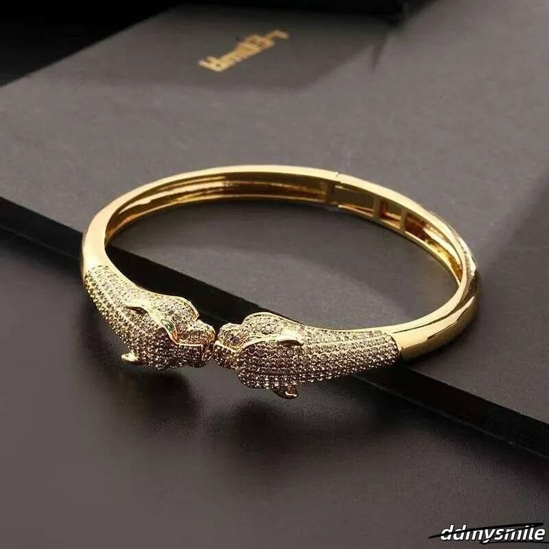 Leopard Print Open Cuff Bracelet - Gold Plated Hip Hop Bangle With Zircon Stones | Animal Jewelry For Women & Men ddmysmile