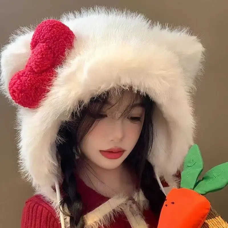 Sanrio Hello Kitty Cute Bow Soft Hat Design Velvet Warm Winter Thickened Ear Protection Korean Fashion Children Girl Gift Hot Sale 2025 L250919