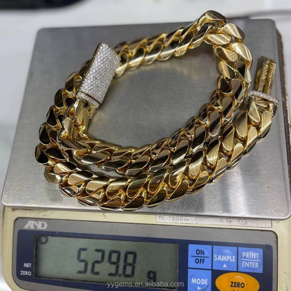 Custom Clasp Yellow Gold Miami Cuban Link Chain Heavy Solid Silver Men Chain Moissanite Lock Plain Cuban Chain Necklace Jewelry