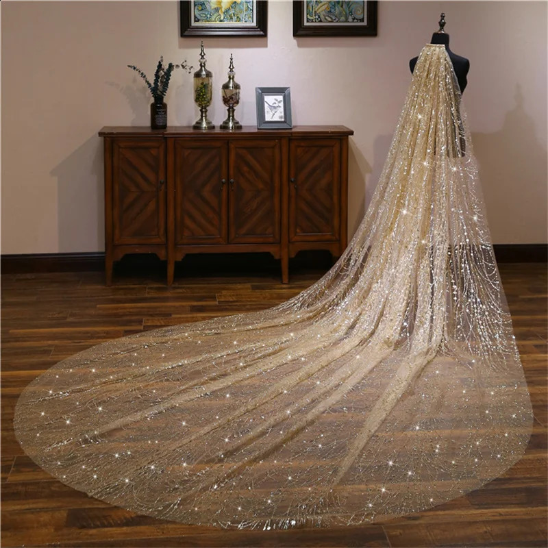Fashion Wedding Veils For Brides Bling Gold 3 Meters Sequins Crystal Big Bridal Veils Wedding Accessories 250918