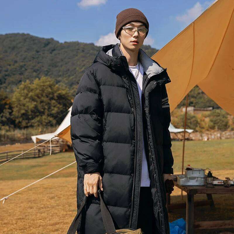 Winter 90%White Duck Men's Down Long Jacket Lightweight Standing Collar Outdoor Waterproof Padded Warm Hooded Windbreaker