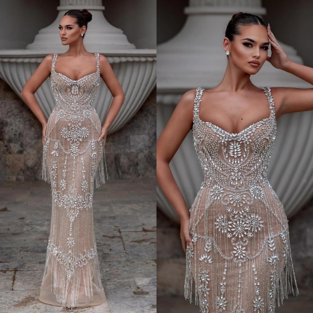 Luxurious Crystal Wedding Dresses Spaghetti Strap Bridal Gowns Tassel Sleeveless Rhinestone Mermaid Princess Customized Vestidos De Novia Plus Size