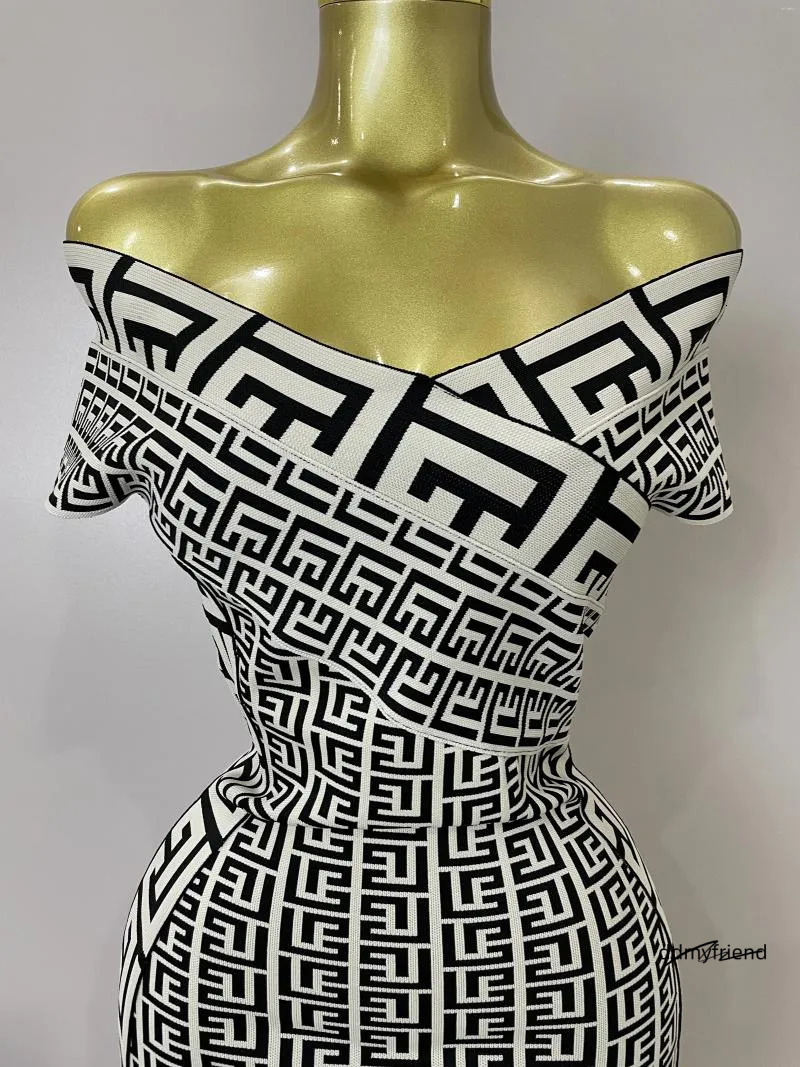 Casual Dresses High Quality 2025 Women Sexy Jacquard Slash Neck Off Shoulder Bodycon Mini Bandage Dress Elegant Evening Birthday Party ddmyfriend