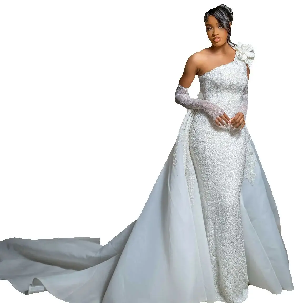 Classic Mermaid Wedding Dress Ball Gowns Beads One Shoulder Shine Sequined Bridal Gowns Train Robe De Vestido Size Customized H252244