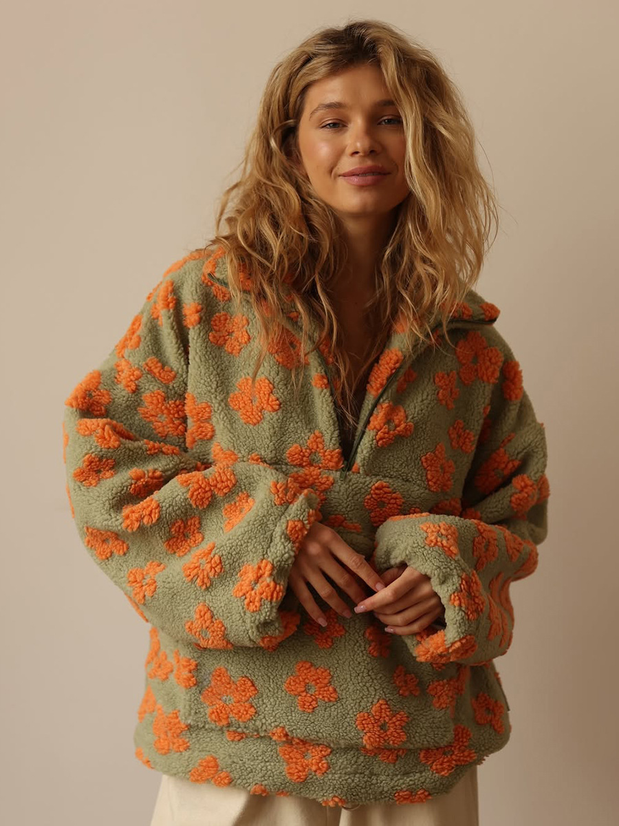 Autumn Winter Women's Sherpa Floral Pullover Hoodies Half Zip Style Loose Fit Warm Stylish New Sweatshirt