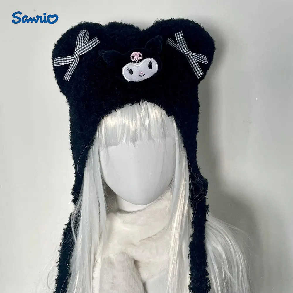 Sanrio New Cinnamoroll My Melody Hat Kawaii Kuromi Cute Bow Bear Ear Needle Knitted Hat Cartoon Plush Solid Color Ear Protection Hat L250919