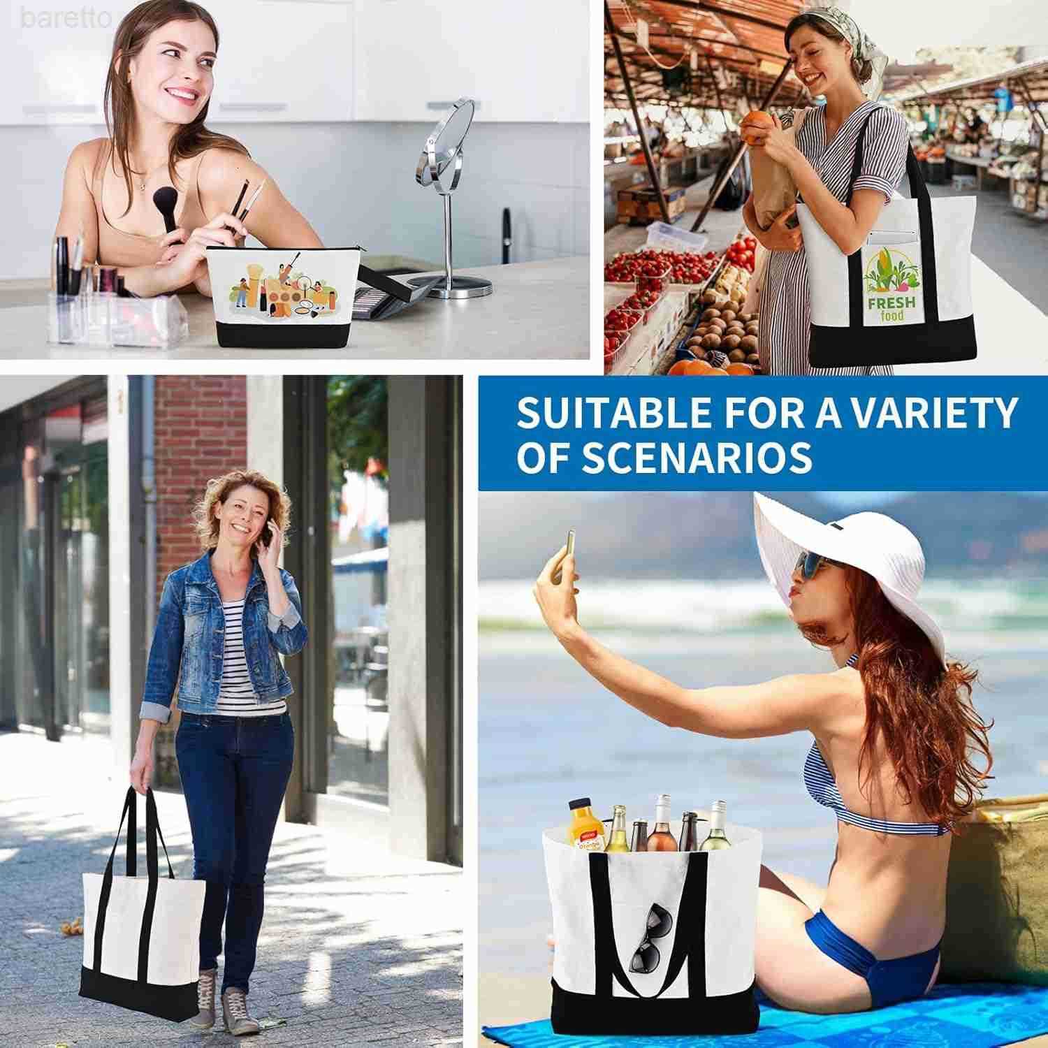 2 Pcs Canvas Tote Bags Bulk and Makeup Pouches Set 12oz Cotton Reusable Zippered Grocery Bags with Handles DIY Sublimation Halloween Craft Beach Trave