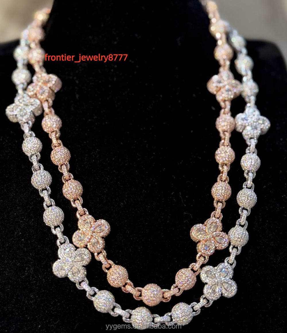 Clover Shape with Ball Chain Cuban Link Chain Solid Silver with VVS Moissanite Diamond Necklace for Mens Hiphop Jewelry