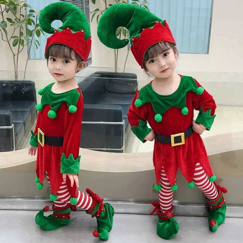 New Year Elf Costume for Kids Girl Red Green Santa Claus Suit Set with Hat Children Fancy Christmas Party Dress Set Performance L250918