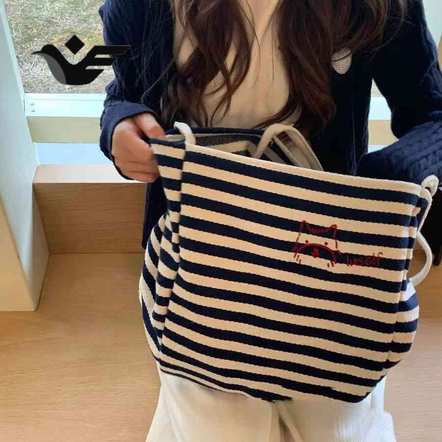 Feiyan Free Shipping New Designer Bag Striped Canvas Bag Niche Embroidery Large Capacity Lazy Style Tote Bag Casual Shopping Cloth Bag