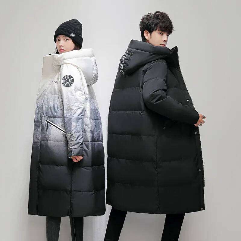 2023 Winter New Men's Women's Down Long Hooded Gradient Color Ski Mountain Style Couple Jacket Casual Loose Fit