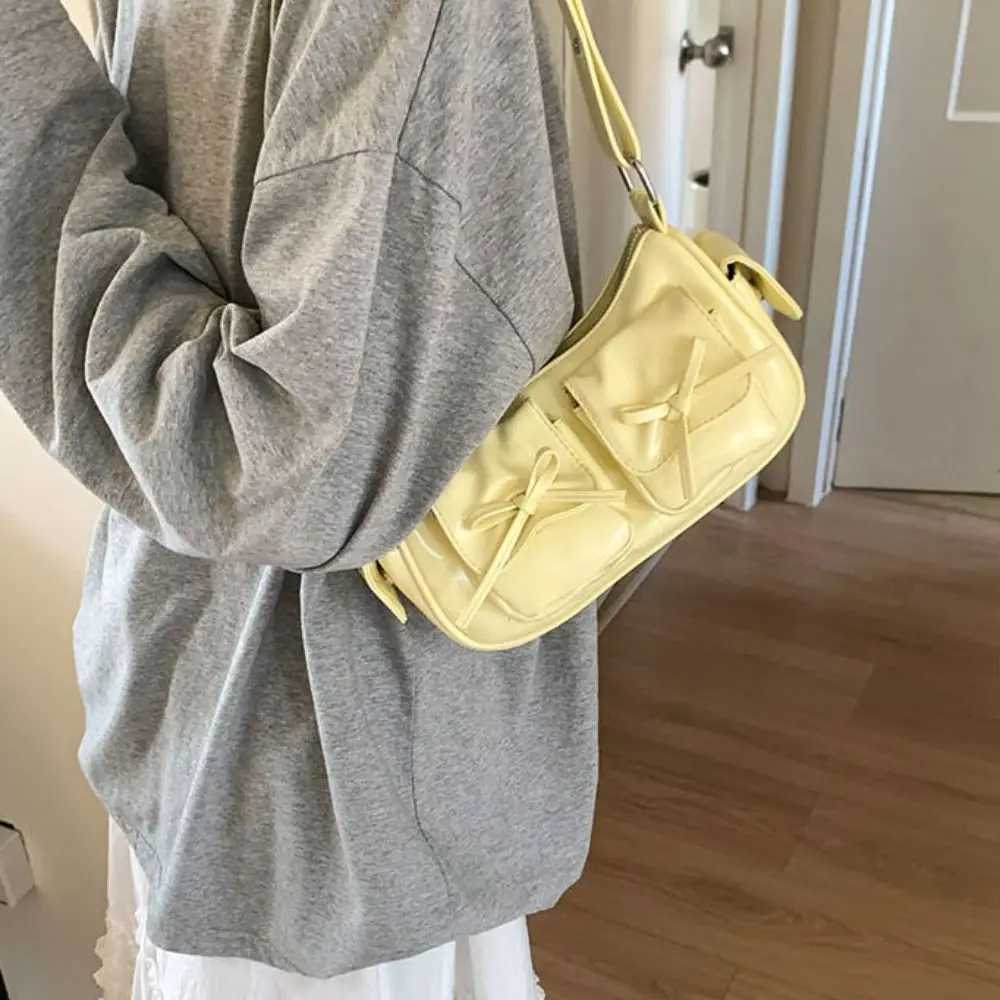 Multiple Pockets Bow Crossbody Bag Korean Style Zipper PU Leather Underarm Bag Adjustable Shoulder Strap Solid ColorXJ250918