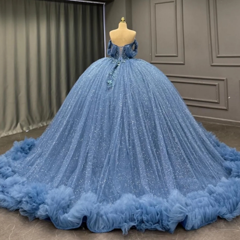 Navy Blue Shiny Quinceanera Dresses Off The Shoulder Applique Lace Beading Crystal Tiered Tull Party Birthday Sweet 16 Dress Vestidos De 15 Anos