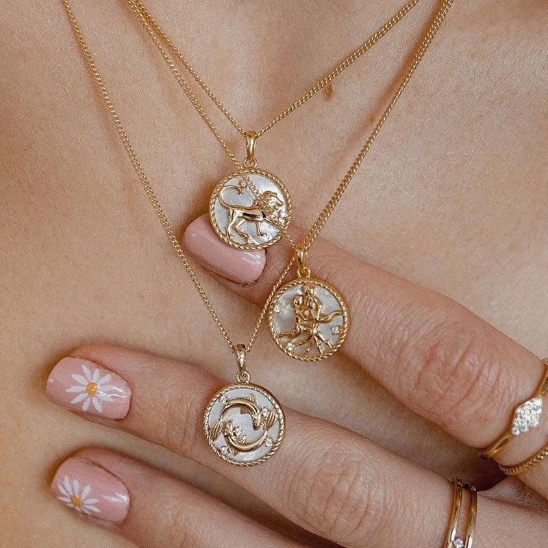 Stainless Twee Round Coin Shell 12 Constellations Necklace Titanium Steel Vacuum Plating