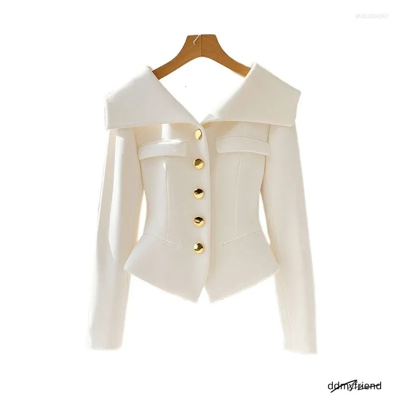 Women's Jackets High-End White Jacket Autumn Turndown Collar Short Tops Office Lady Blazer Button Women Clothing Trend Design ddmyfriend