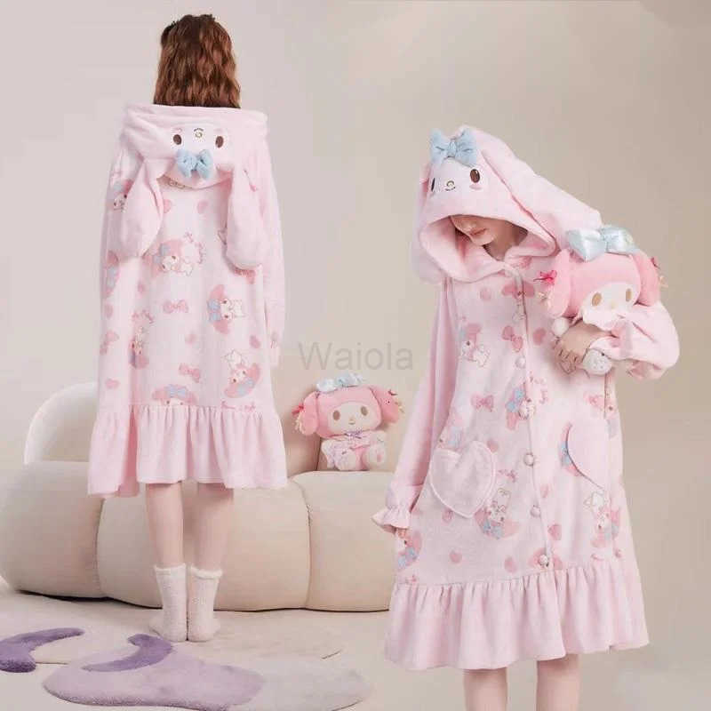 Sanrio New Autumn and Winter Fuzzy Nightgown Womens 2 Pcs Melody Pajama Set Student Cute Sweet Long Thick Plush Bathrobe Sleepwear Set L250919