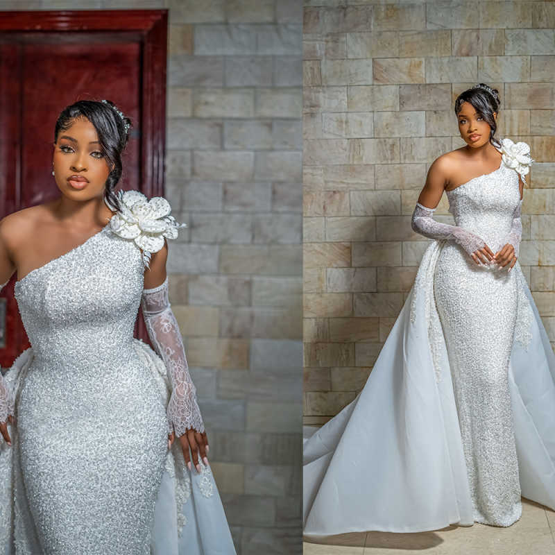 Classic Mermaid Wedding Dress Ball Gowns Beads One Shoulder Shine Sequined Bridal Gowns Train Robe De Vestido Size Customized H252244