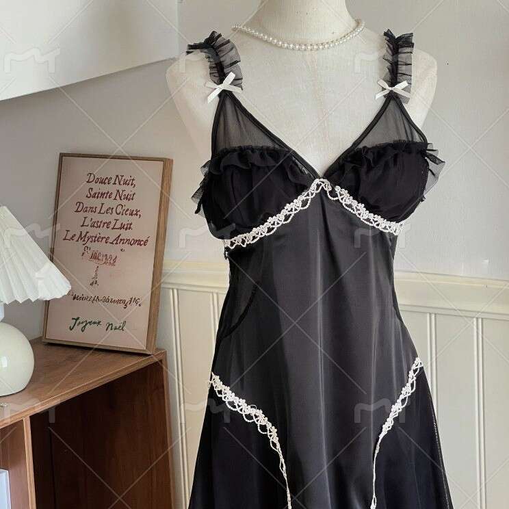 New Sweet Lazy Ice Silk Lingerie Passionate Hot with Chest Pads Sexy Nightdress Robe Homewear Set 496