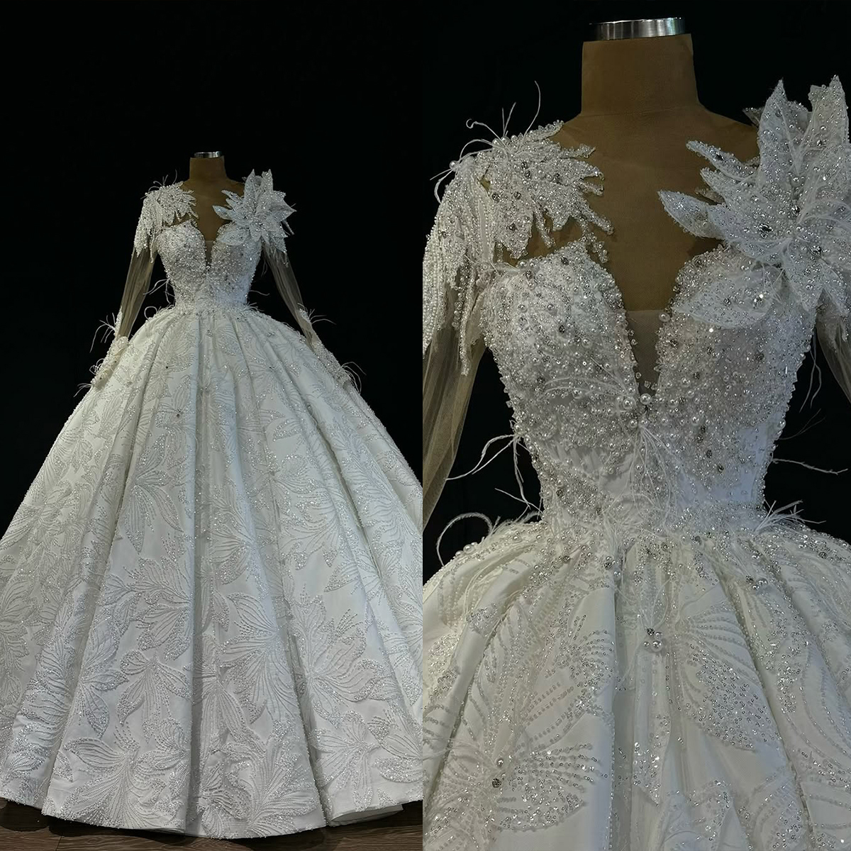 Exquisite Ball Gown Wedding Dress Jewel Neck Long Sleeves Bridal Gowns Pearls 3D Appliques Sequins Sweep Train Dresses Custom Made vestidos de novia