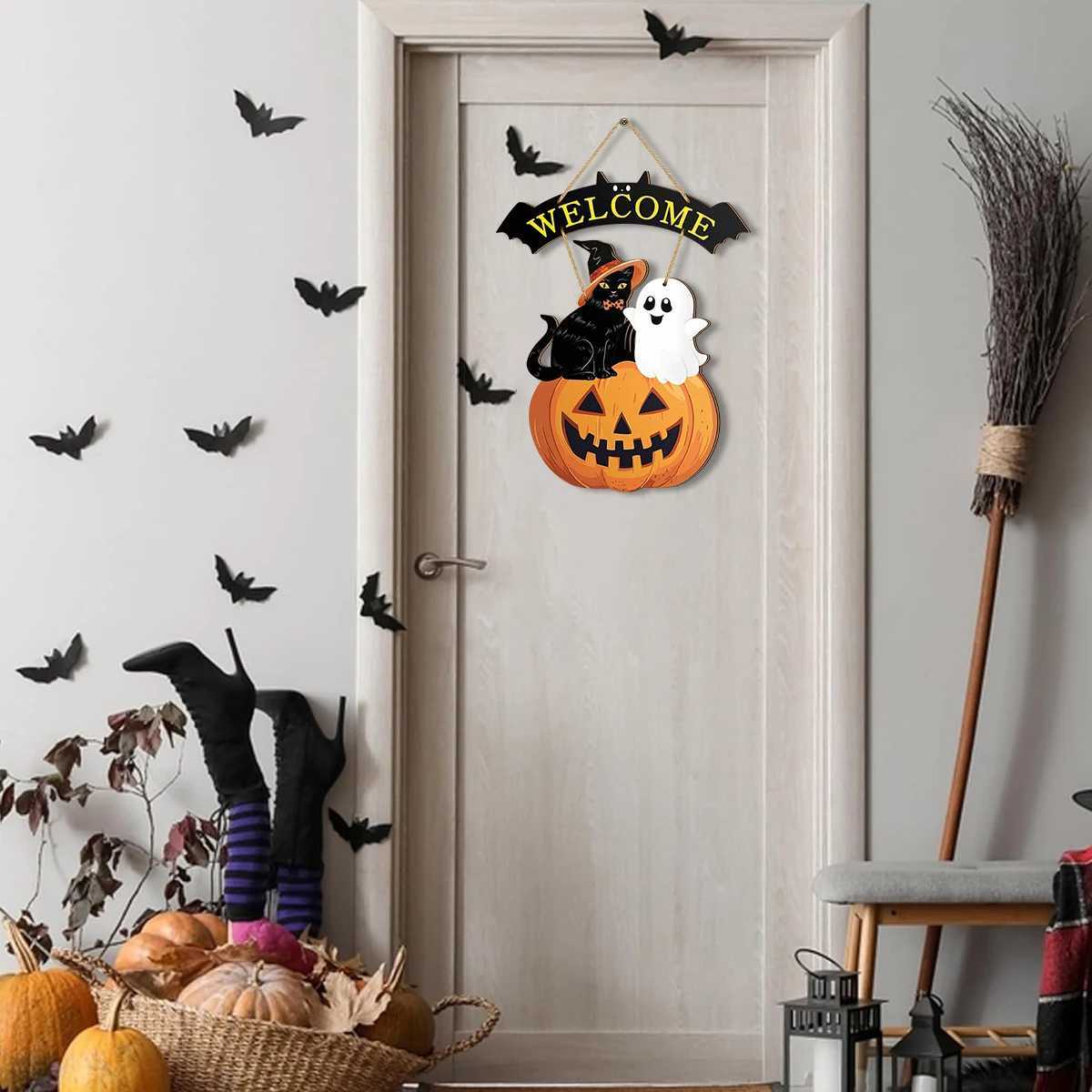 Halloween Welcome Sign with Cat Ghost and Pumpkin Festive Door Decor C250919