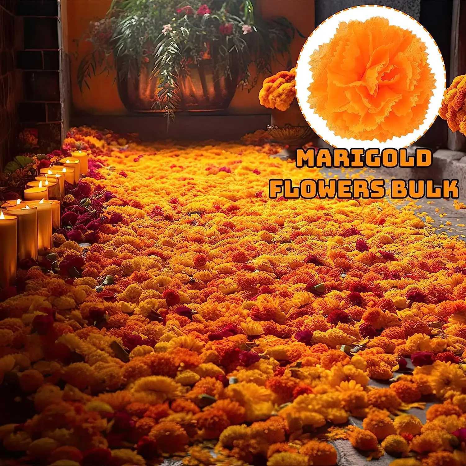 Yannew 100pcs Artificial Marigold Flowers Head Yellow Bulk Day of Dead Decoration for DIY Wreath Halloween Diwali Indian Decor C250919