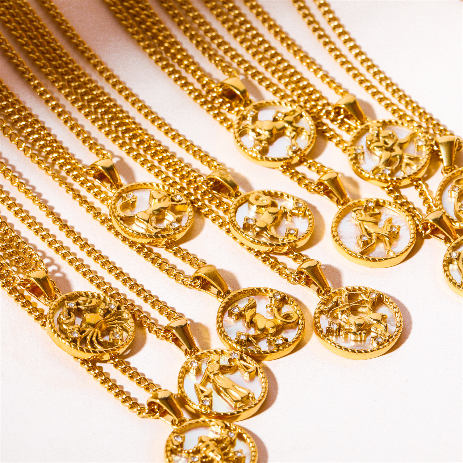 Stainless Twee Round Coin Shell 12 Constellations Necklace Titanium Steel Vacuum Plating