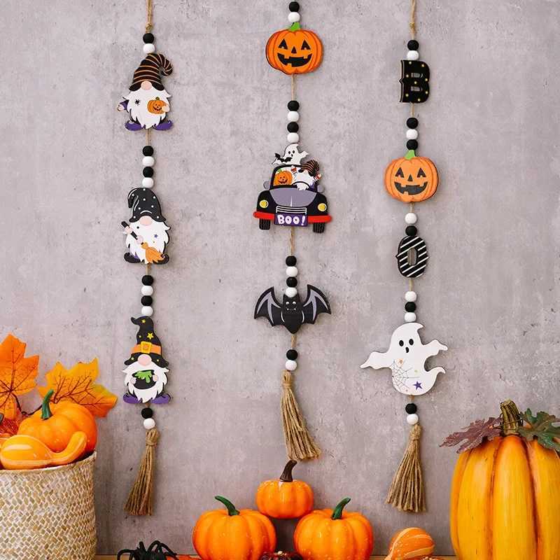 New Halloween Decoration Prop Wooden Beads Pendant Pumpkin Bat Ghost Hanging Ornaments for Wall Home Party Supplies C250919