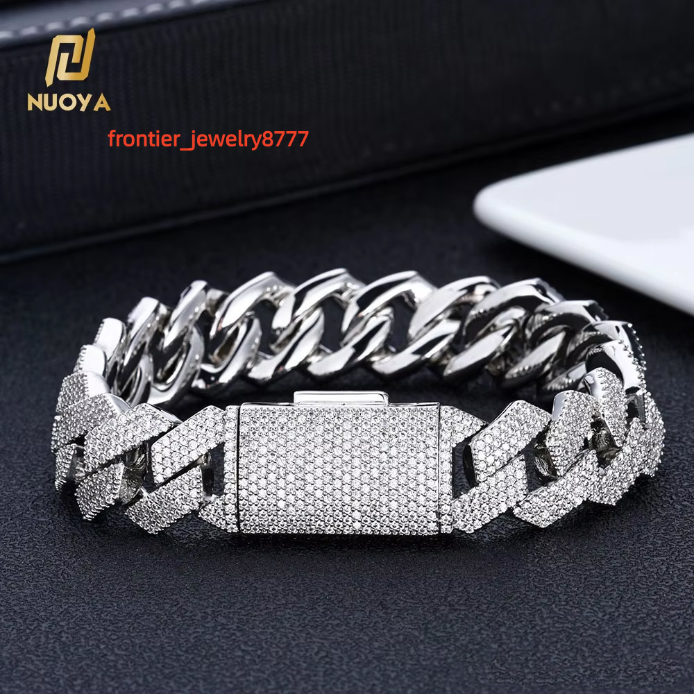 NUOYA 15mm 4 Rows Silver Plated Prong Set Miami Cuban Link Bracelet Iced Out Diamond Round Cut Moissanite Stones Hip Hop Jewelry