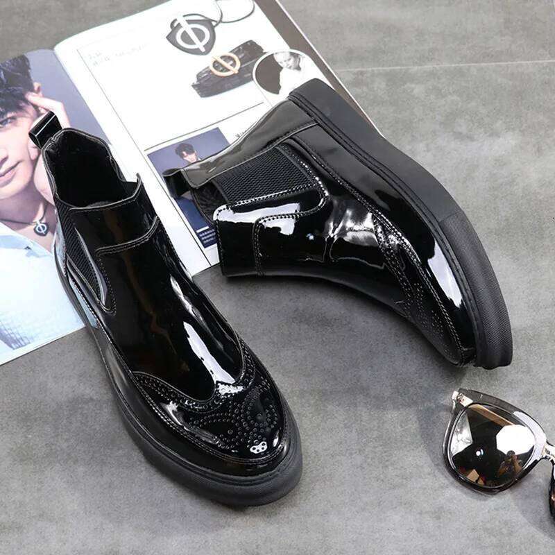 mens fashion party nightclub boots carved brogue patent leather shoes cowboy platform boot designer autumn winter botas