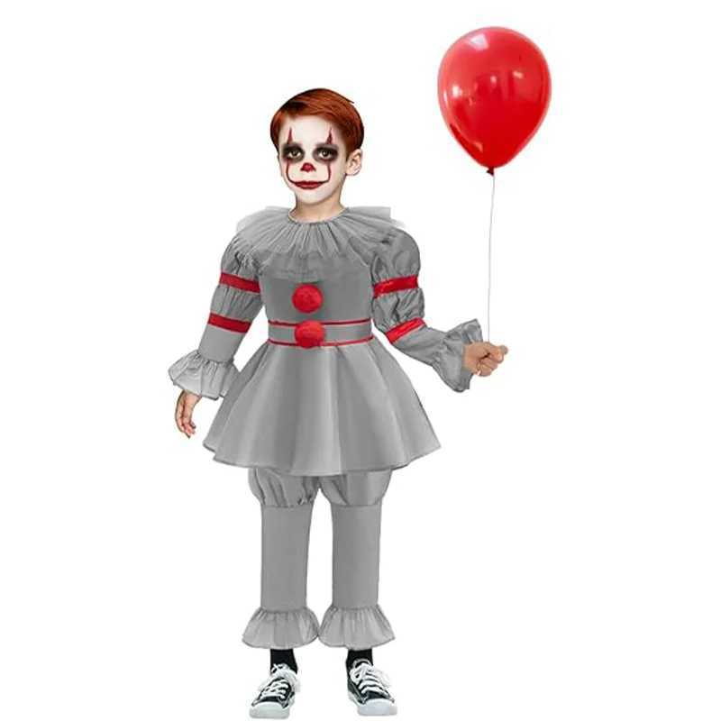 Kids Scary Joker Pennywise Cosplay Costume Horror Ghost Movie It Puff Sleeve Tulle Collar Top With Pants For Halloween Carnival L250918
