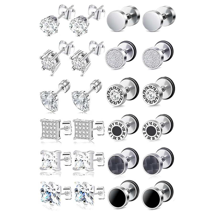 12 Pairs Stainless Steel Stud Earrings Cubic Zirconia Cartilage Barbell Earring Set for Men Women Silver Tone 8mm