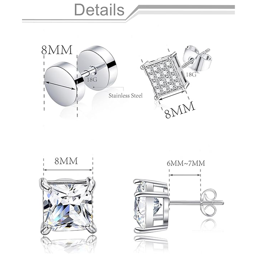 12 Pairs Stainless Steel Stud Earrings Cubic Zirconia Cartilage Barbell Earring Set for Men Women Silver Tone 8mm
