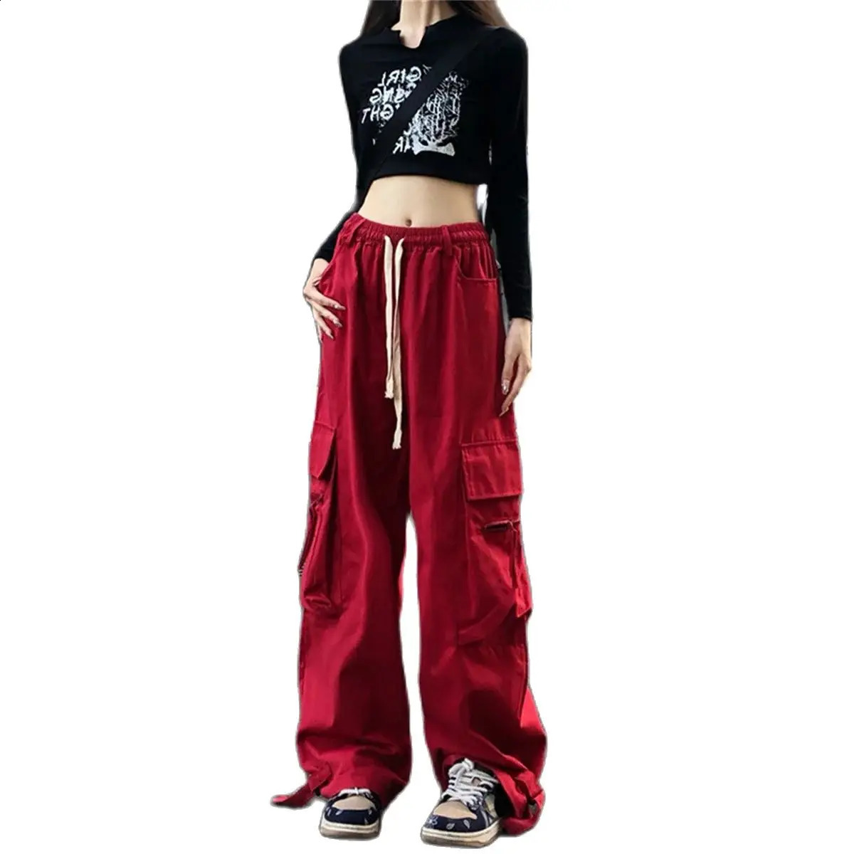 Red Cargo Pant Gothic Joggers High Waist Loose Female Hip Hop Trousers Korean Punk Funny Femme Sweatpants 250917