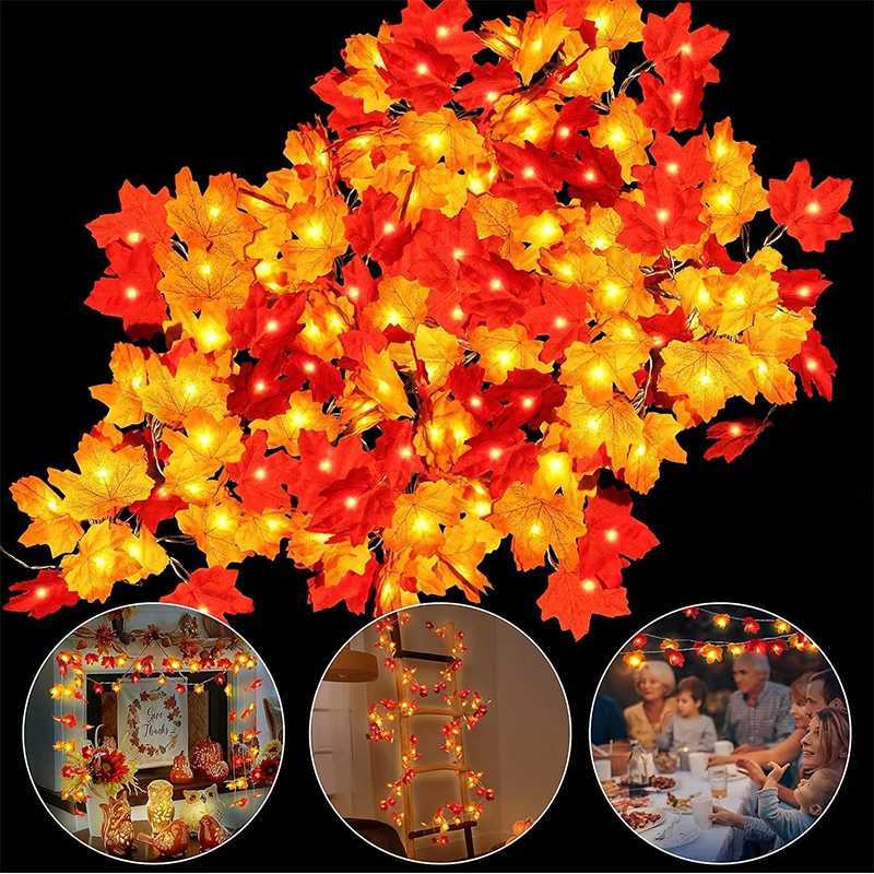 100Pcs Random Color Autumn Artificial Maple Leaf 2M 20LED Light String Garland Thanksgiving for Family Harvest Halloween Decor C250919