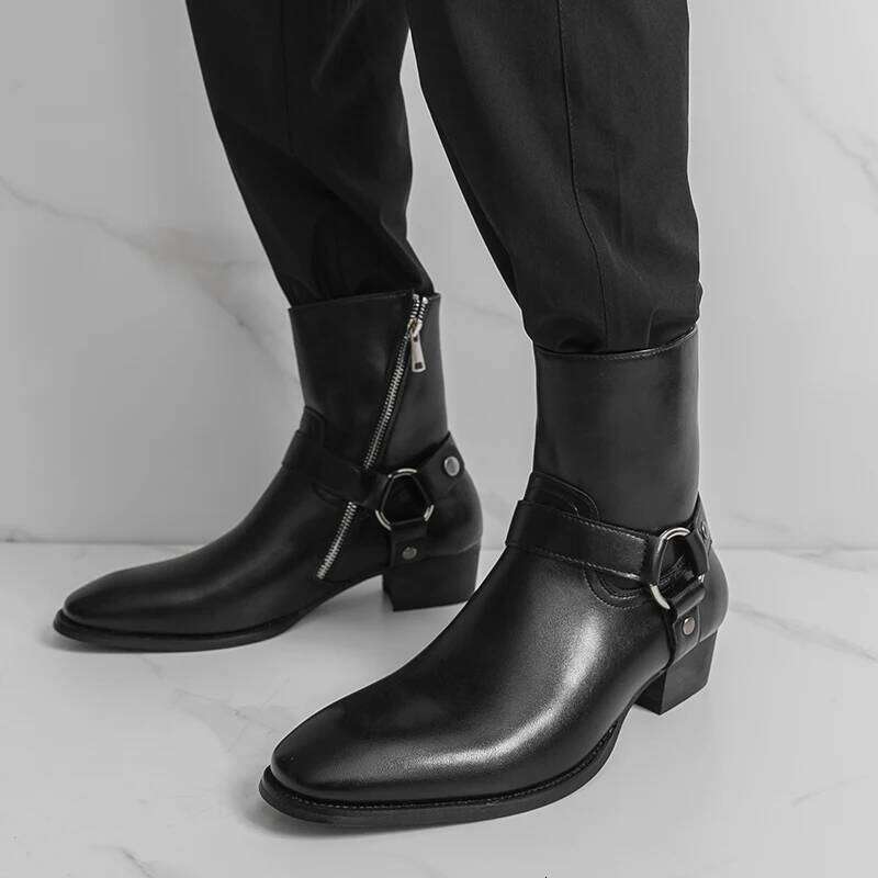 Autumn Fashion Brand Breathable Outdoor Cowboy Boots Classic Black Men Comfortable Side Zipper Pointed High Top Leather Shoe