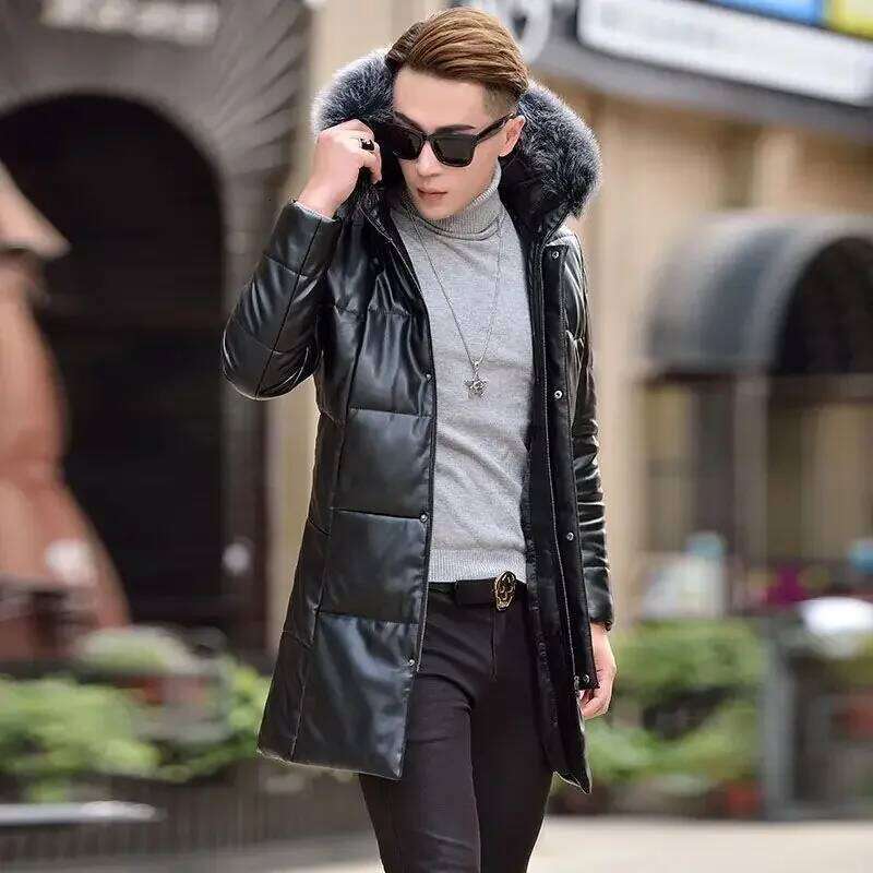 Puffer Men High Quality Winter Leather Down Jacket Man Sier Fox Fur Collar Korean Medium Long Slim Fit Sheepskin Coat