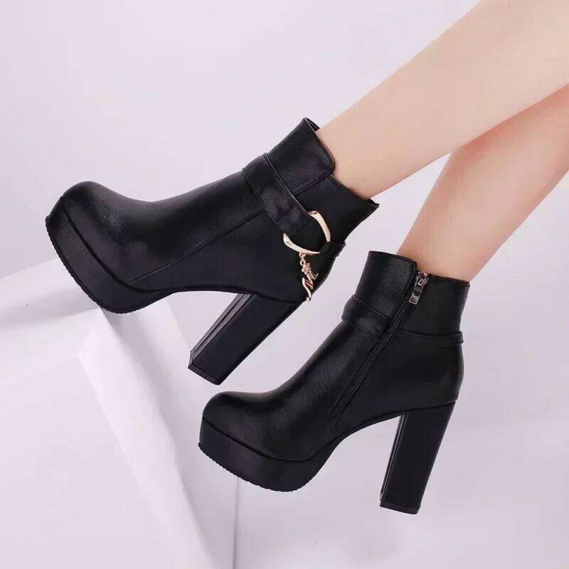 Fashion 2025 Women's High Autumn Winter Chunky Heel Platform Shoes Side Zippers Ankle Boots Plus Size 33-42