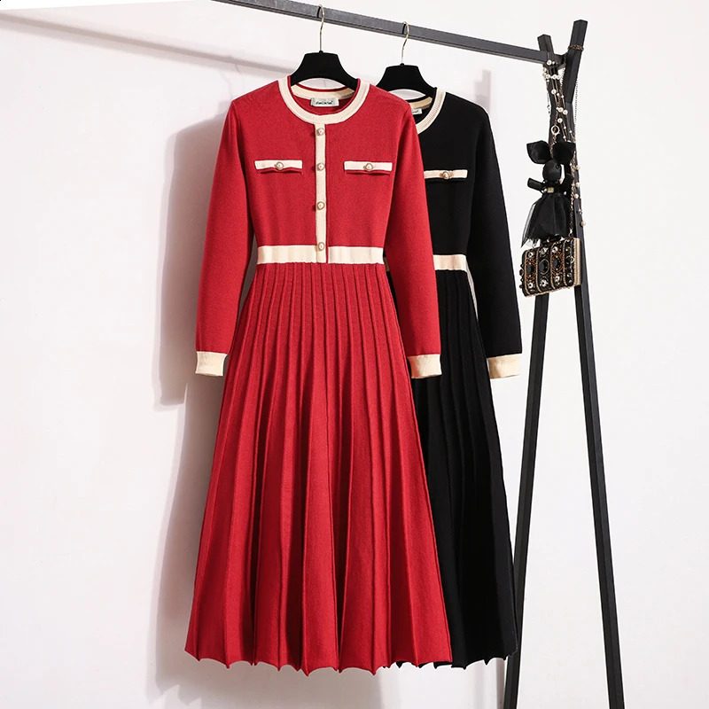 2026 Autumn Winter Women Oneck Long Sleeve Knitted Pleated Aline Dress Christmas Party Red Sweater Long Dresses 250919