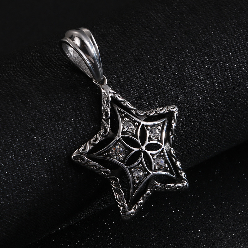 Creative Stainless Steel Five-Pointed Star Pendant Personalized Dia-Encrusted Men's Necklace Accessory