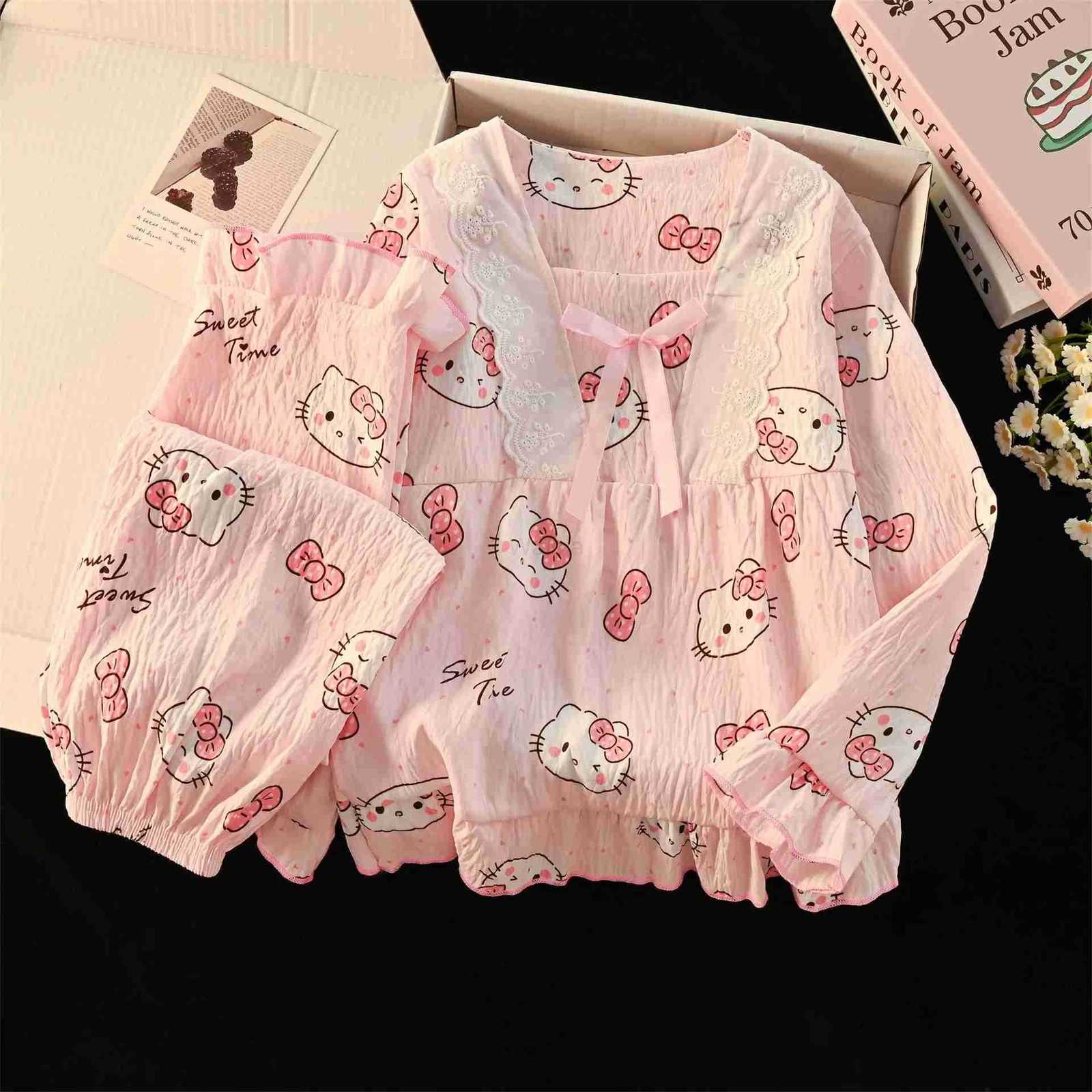Sanrio Kawaii Anime Hello Kitty Children Pajama Sets Cartoon Cotton Lace Collar Long Sleeves TShirt Tops Pants Pijamas Homewear Gift L250919