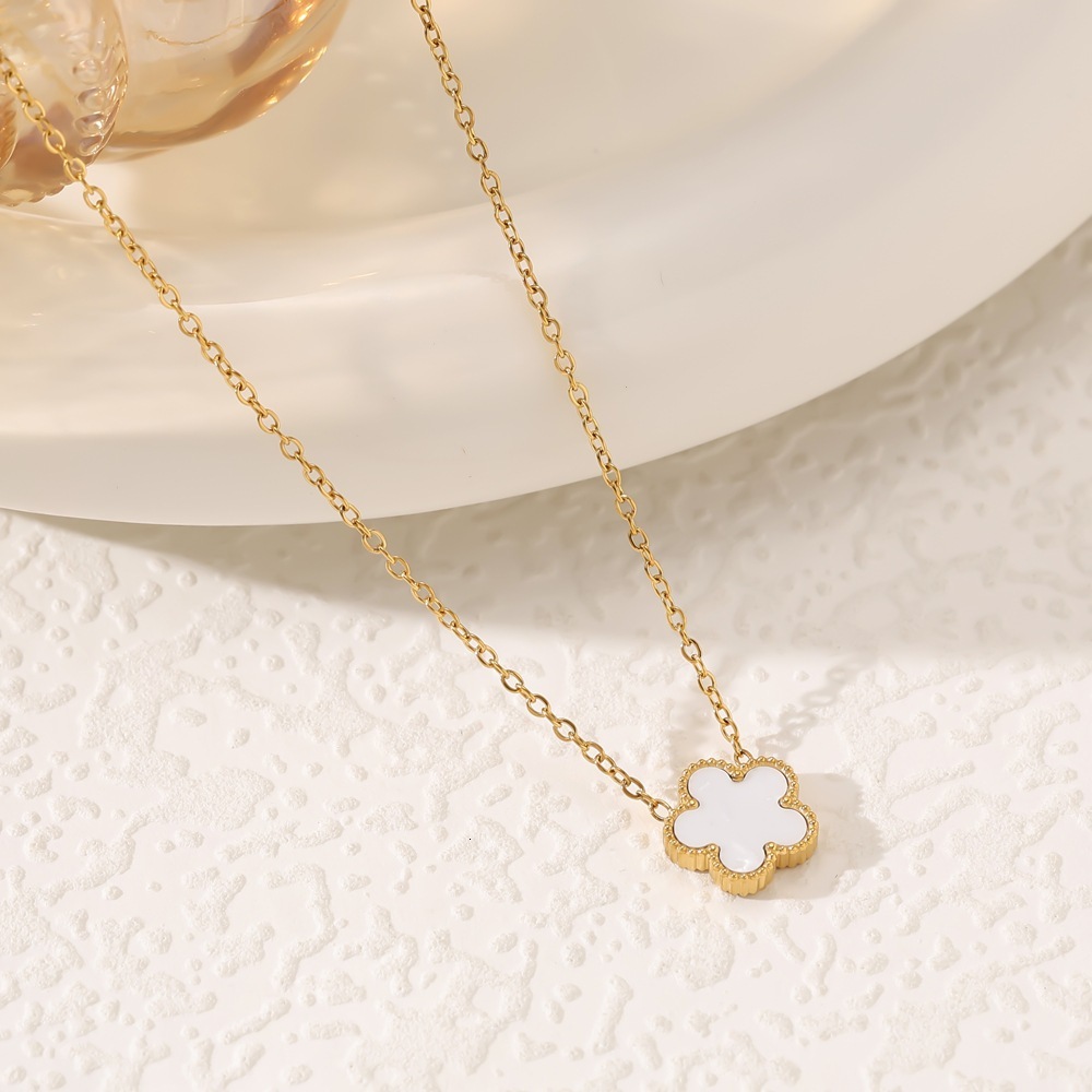 Double-Sided Fritillary Five-Leaf Flower Necklace for Women Trendy Versatile Titanium Steel Lucky Clover Collarbone Jewelry