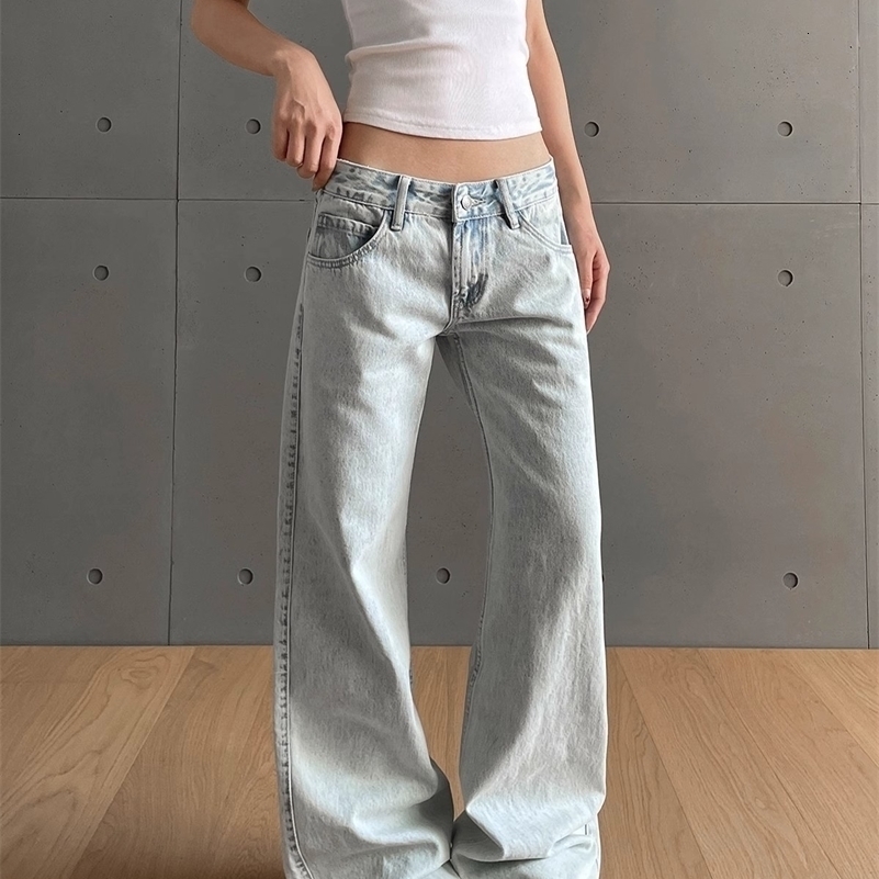 y2k Vintage Women Low Waist Zipper Button Solid Trousers with Pockets Aesthetic Streetwear Washed Jeans Z260313