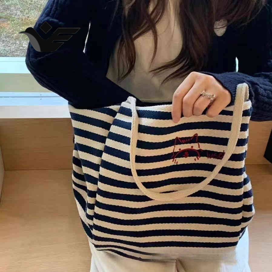 Feiyan Free Shipping New Designer Bag Striped Canvas Bag Niche Embroidery Large Capacity Lazy Style Tote Bag Casual Shopping Cloth Bag