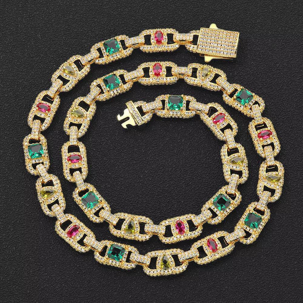 NUOYA Luxury Colorful Moissanite Cuban Chain Necklace Silver Plated Mixed Inlaid Iced Out Diamond Hip Hop Fine Jewelry