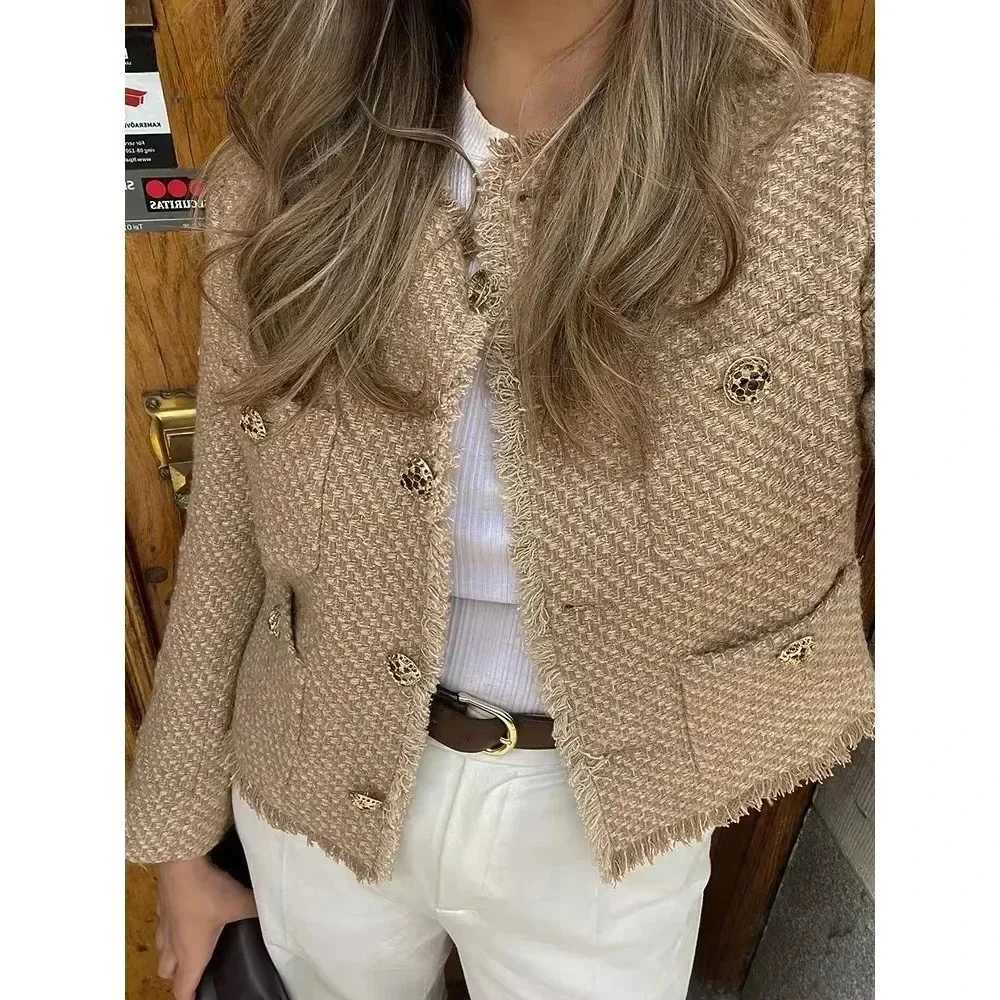 Autumn Fashion Vintage Women Tweed Button Long Sleeve Short Jacket Women Frayed Cropped Tops Femininos Y2k Coats Z250918