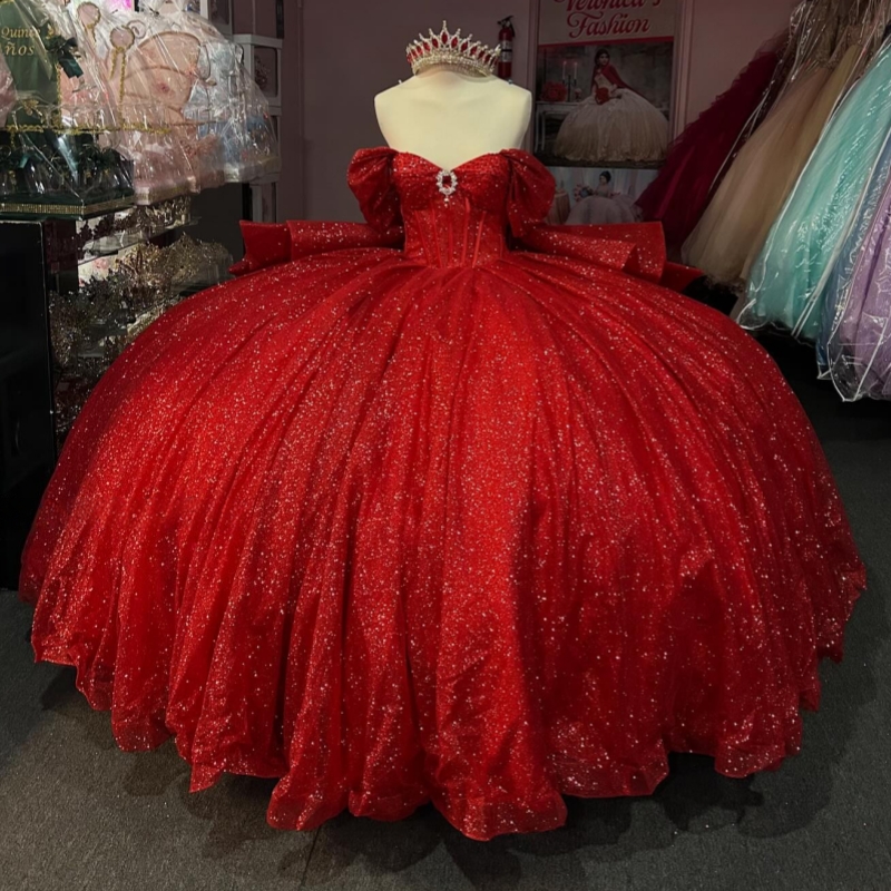 Red Shiny Quinceanera Dresses Off The Shoulder Beads Bow Tull Party Birthday Sweet 16 Dress Vestidos De 15 Anos