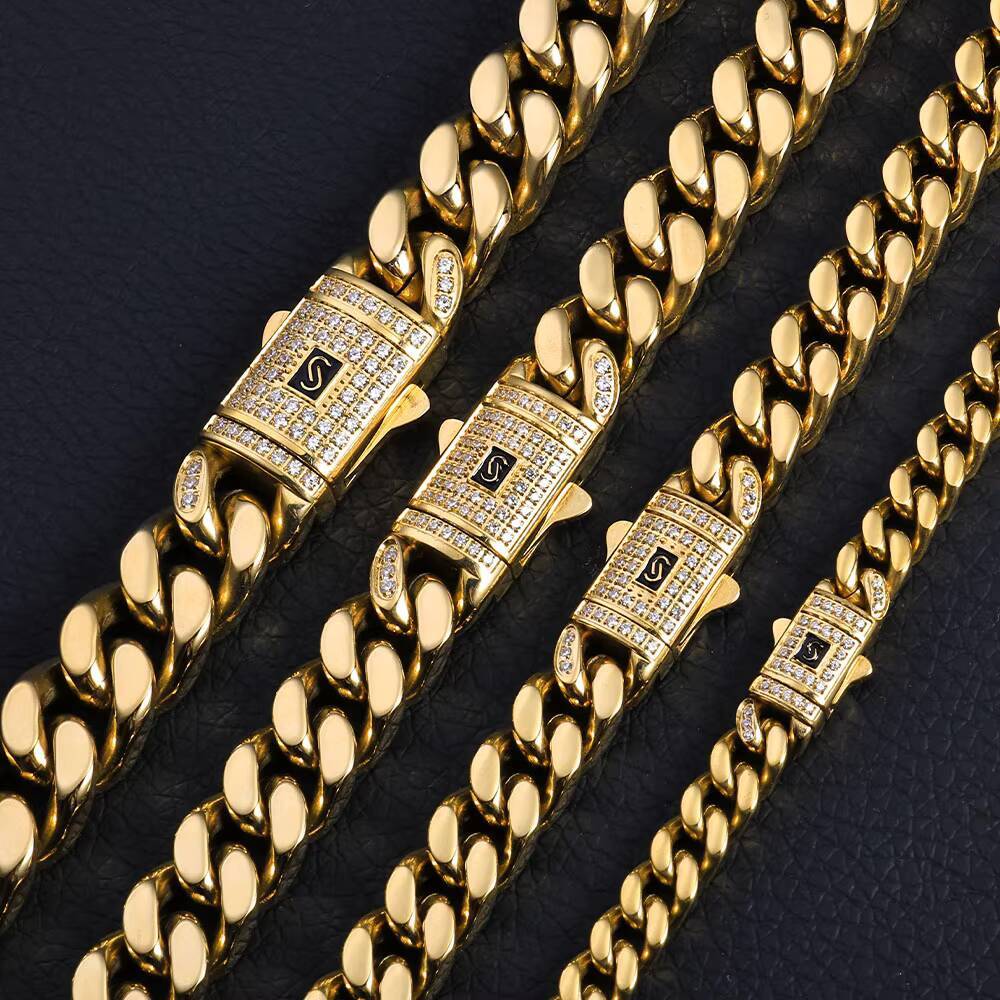 NUOYA 691113mm Stainless Steel Buckle High Polished Cuban Link Chain Iced Out Moissanite Clasp 14K Gold Plated Necklace