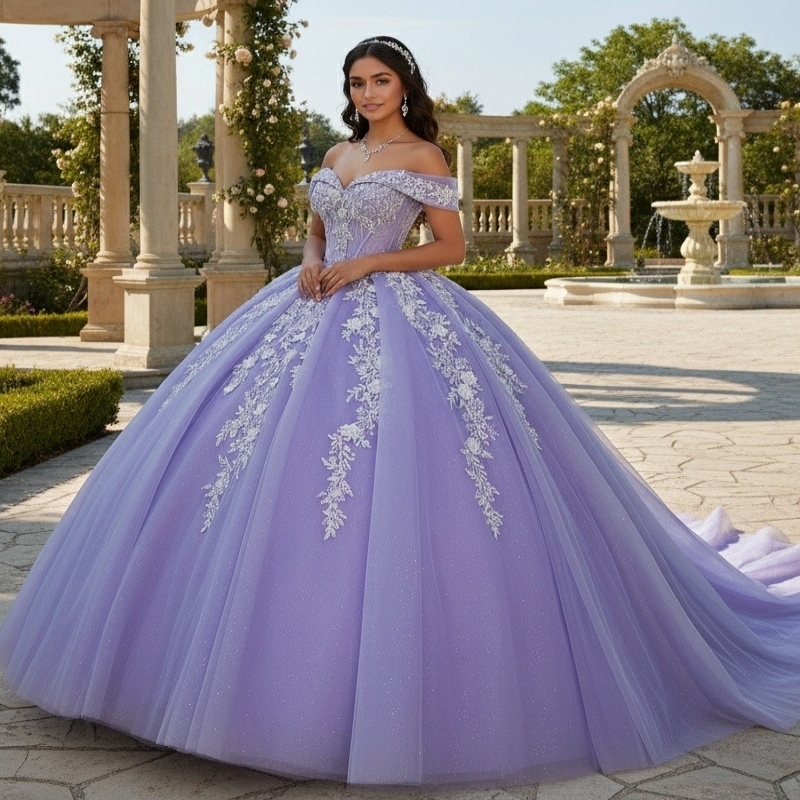 Lavender Shiny Quinceanera Dresses Off The Shoulder Applique Lace Beads Tull Party Birthday Sweet 16 Dress Vestidos De 15 Anos